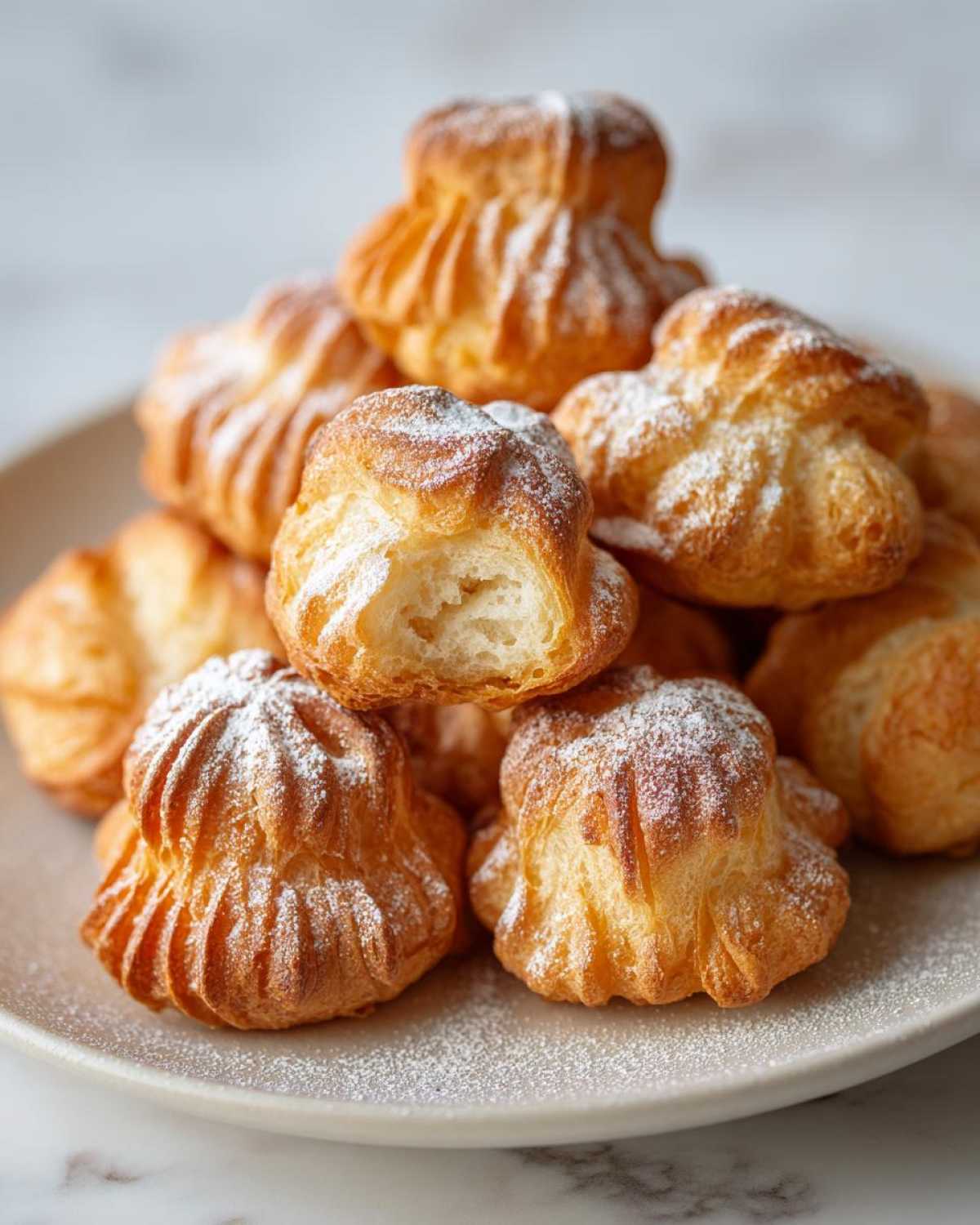 Stos puszystych pączki hiszpańskie gniazdka posypanych cukrem pudrem na jasnym talerzu.