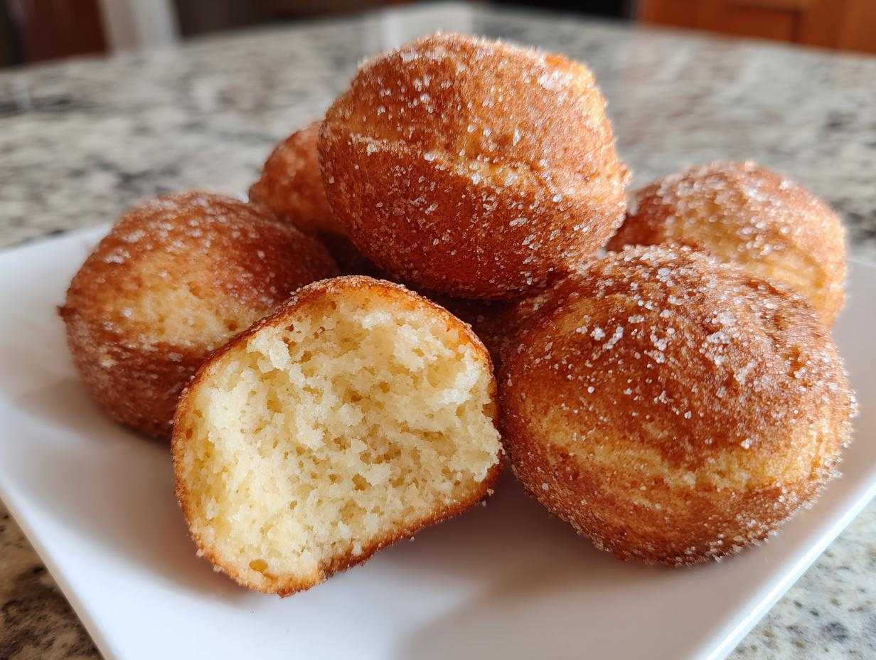 Keto pączki z mąki kokosowej, złociste i obtoczone w cukrze, z jednym przekrojonym na pół.