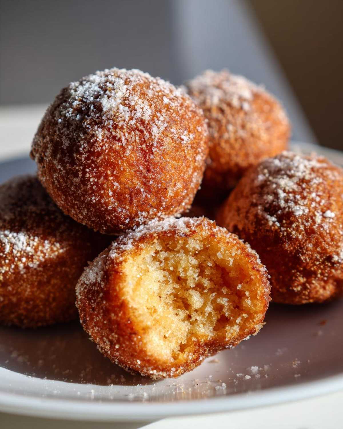 Zbliżenie na pączki keto z mąki kokosowej, jeden przekrojony, obsypane cukrem pudrem.