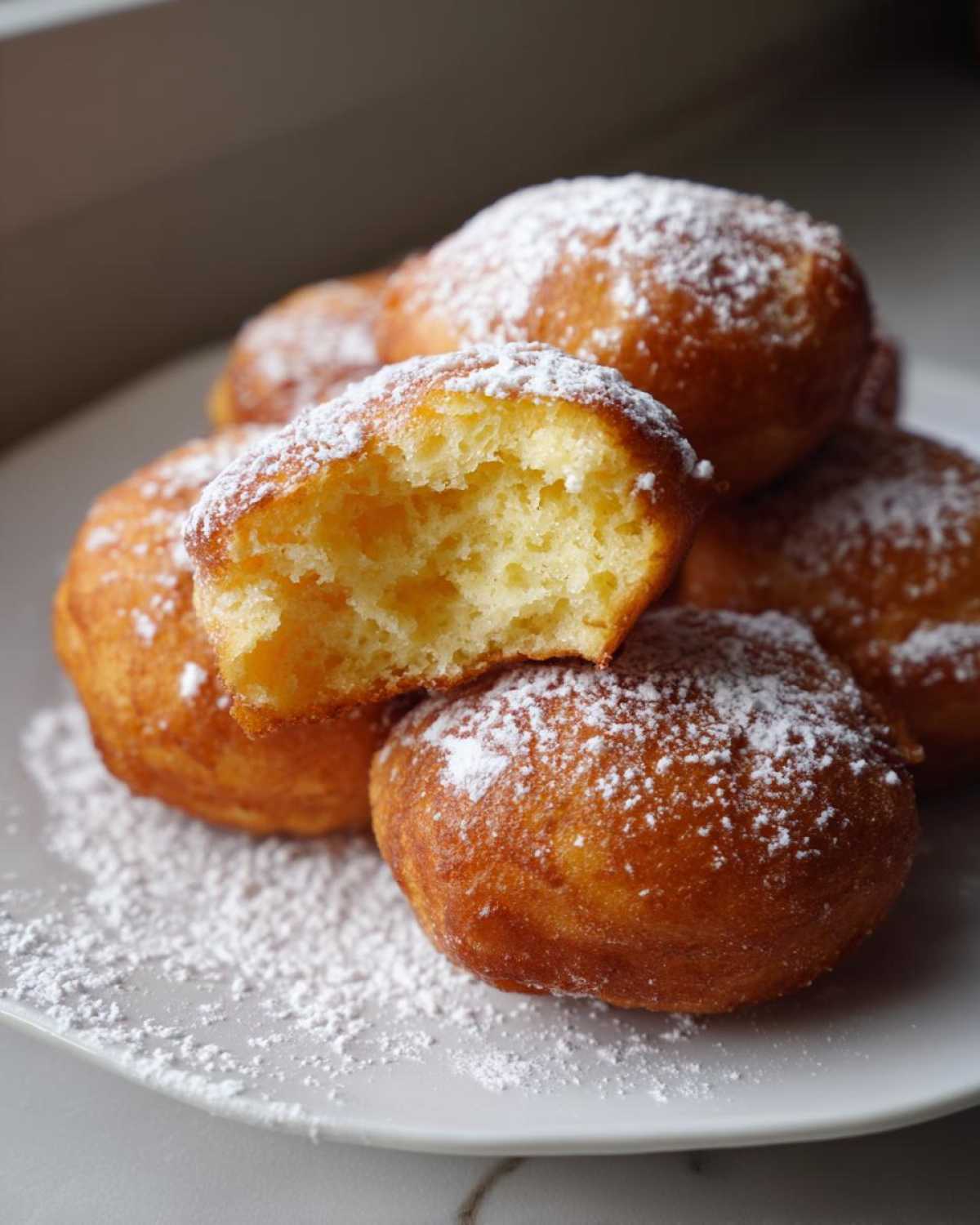 Zbliżenie na puszyste pączki keto z mąki kokosowej, jeden przekrojony, obficie posypane cukrem pudrem.