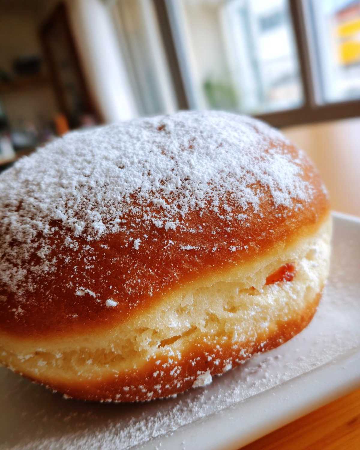 Zbliżenie na pączek luksusowy z konfiturą, obficie posypany cukrem pudrem, leżący na białym talerzyku.
