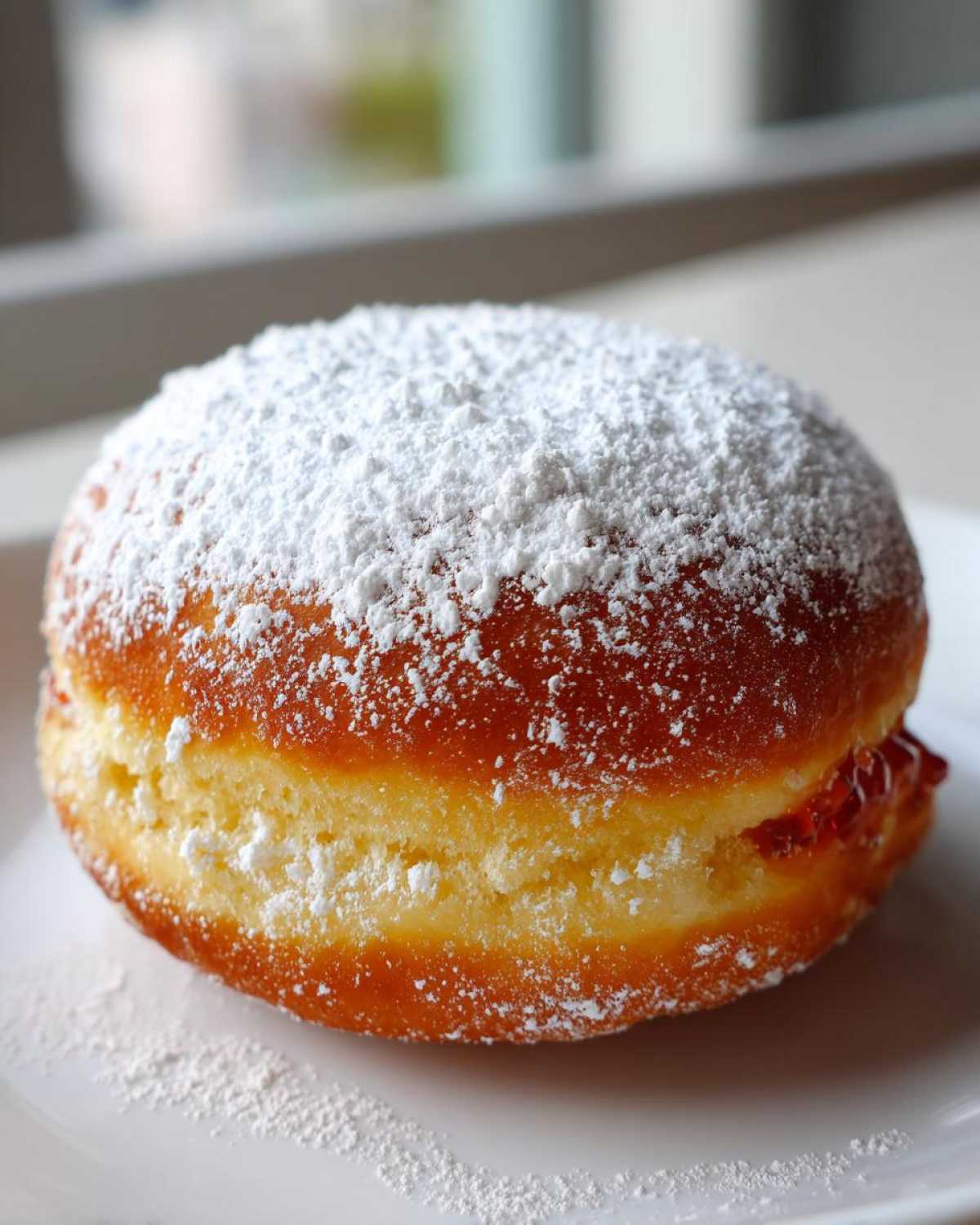 Zbliżenie na pączka luksusowego z konfiturą, obficie posypanego cukrem pudrem, leżącego na białym talerzu.