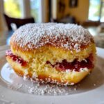 Zbliżenie na pączka luksusowego z konfiturą, przekrojonego i obficie posypanego cukrem pudrem.