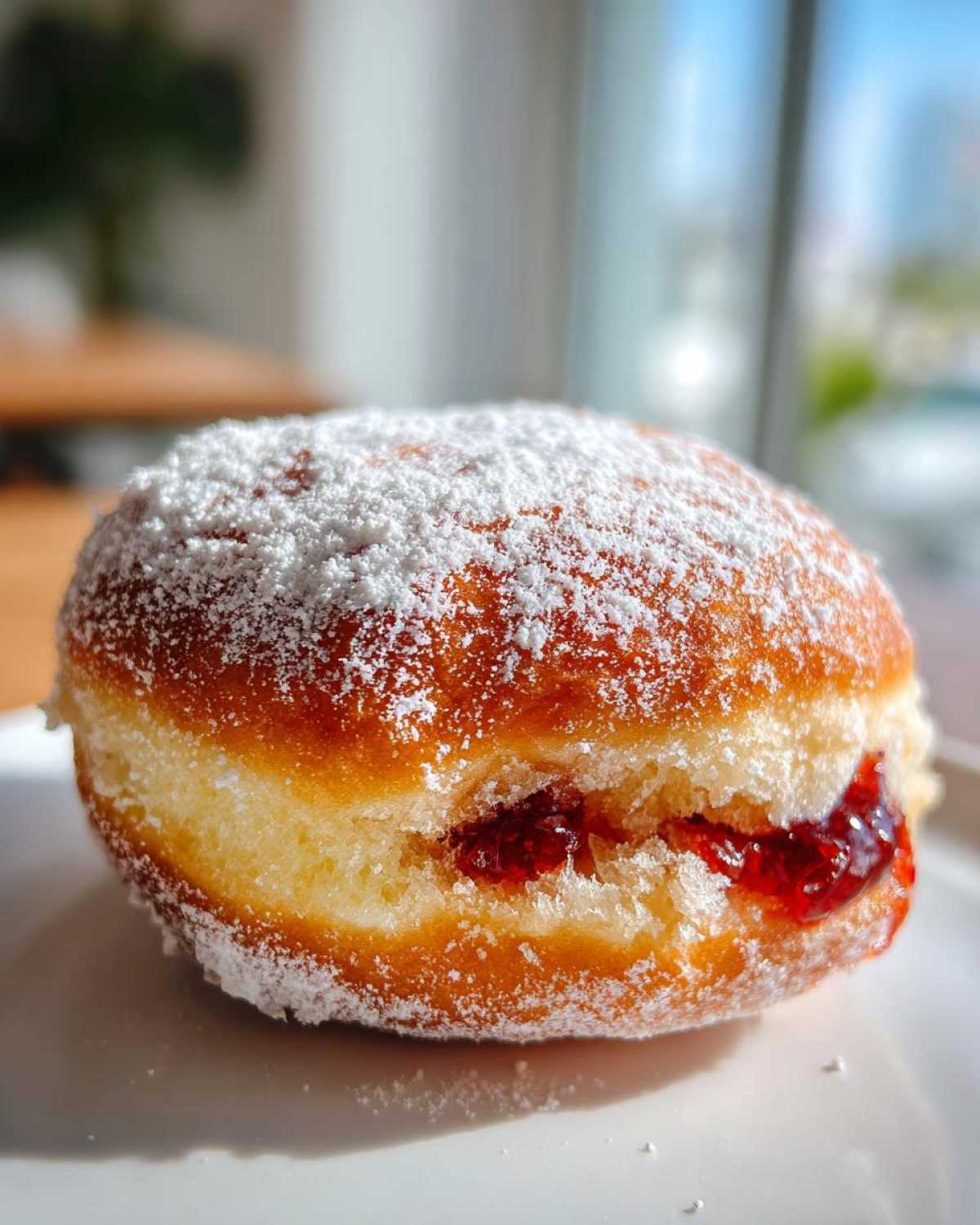 Zbliżenie na pączka luksusowego z konfiturą, obficie posypanego cukrem pudrem.