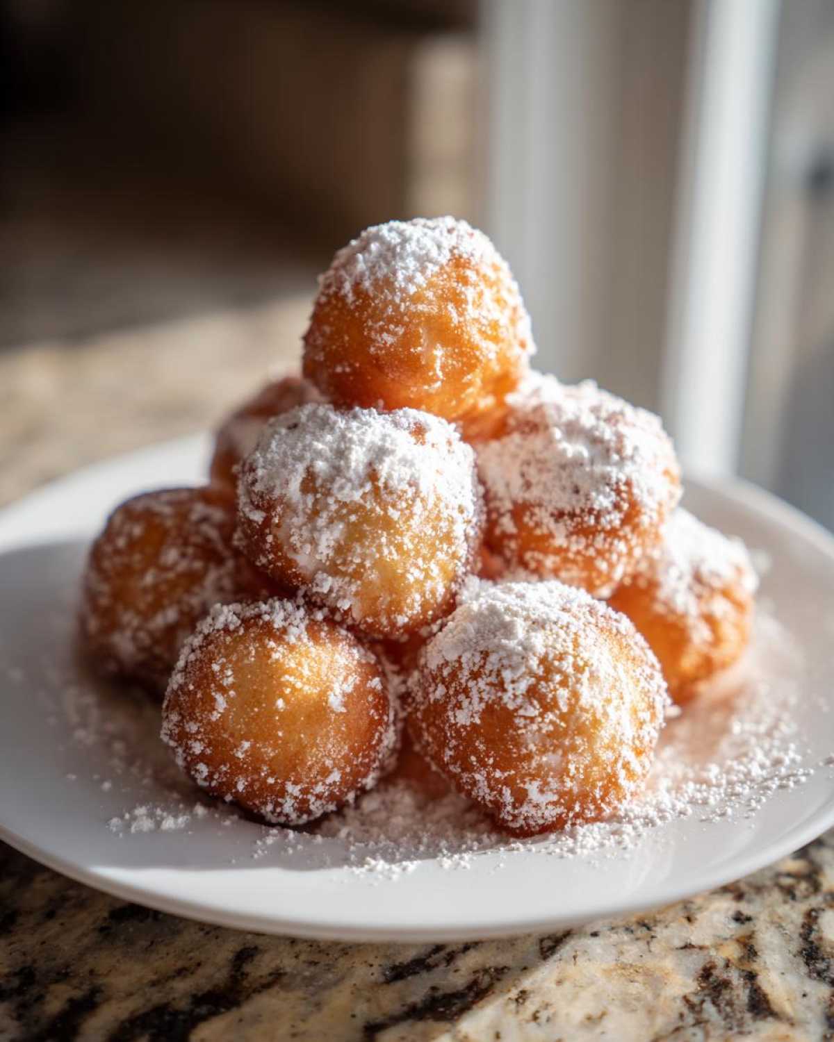 Stos puszystych pączków mini z serka waniliowego obficie posypanych cukrem pudrem na białym talerzyku.