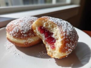 Dwa pączki pieczone w piekarniku, jeden przekrojony ukazujący nadzienie z czerwonego dżemu, posypane cukrem pudrem.