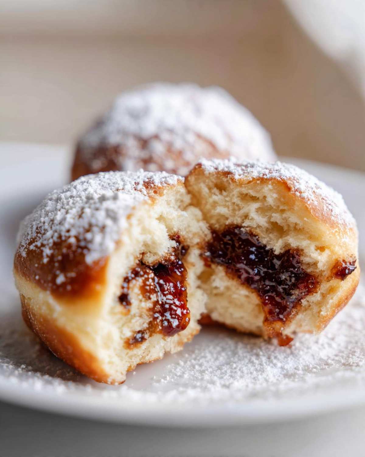 Zbliżenie na przekrojone pączki pieczone z marmoladą, obficie posypane cukrem pudrem.