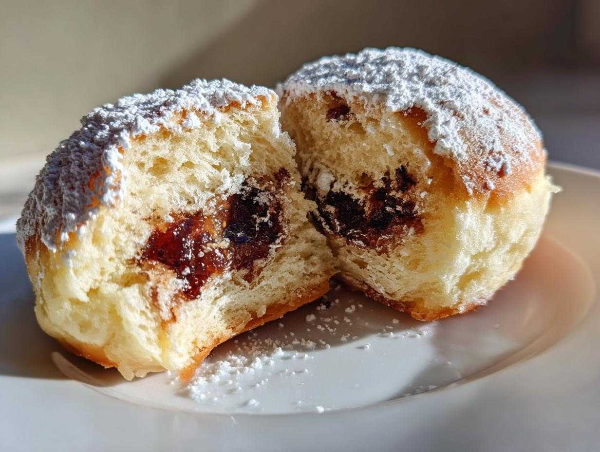 Przekrojony na pół pączek pieczony z marmoladą, posypany cukrem pudrem, widoczny puszysty środek.