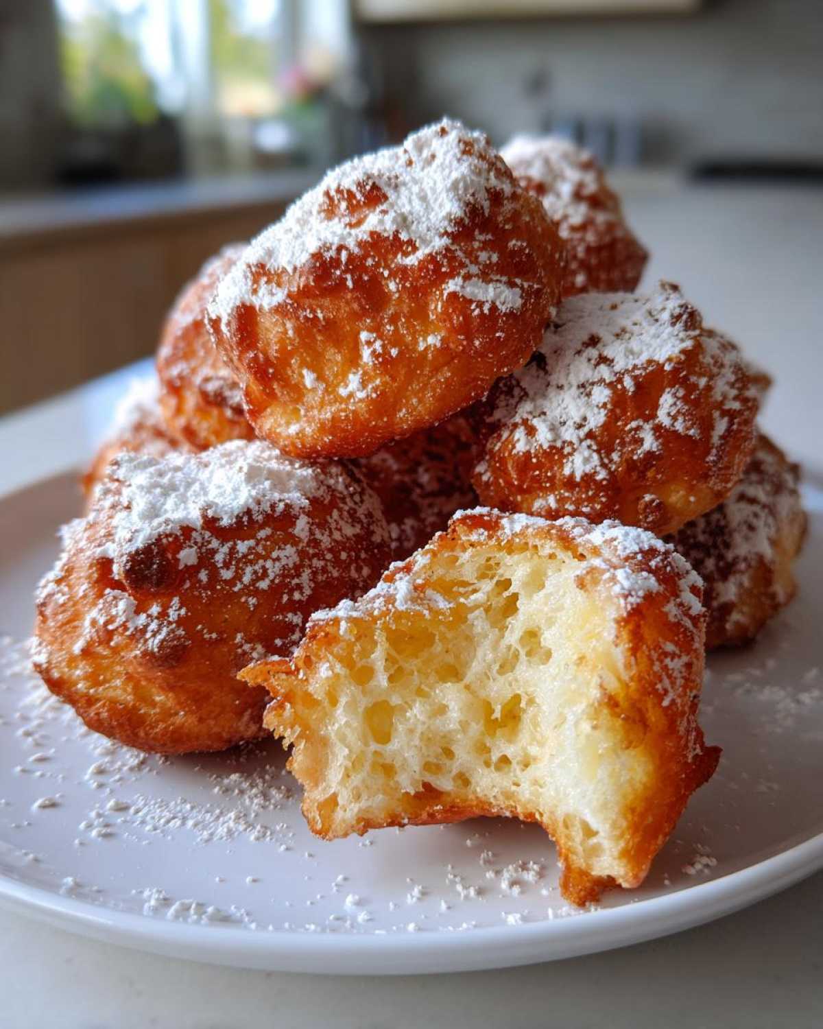 Stos puszystych pączków serowych z wanilią, obficie posypanych cukrem pudrem, jeden przekrojony.