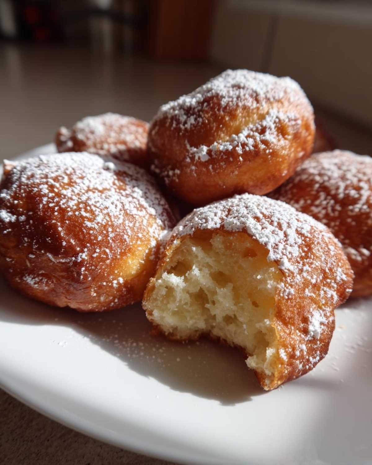 Zbliżenie na puszyste pączki serowe z wanilią, obficie posypane cukrem pudrem, jeden jest nadgryziony.