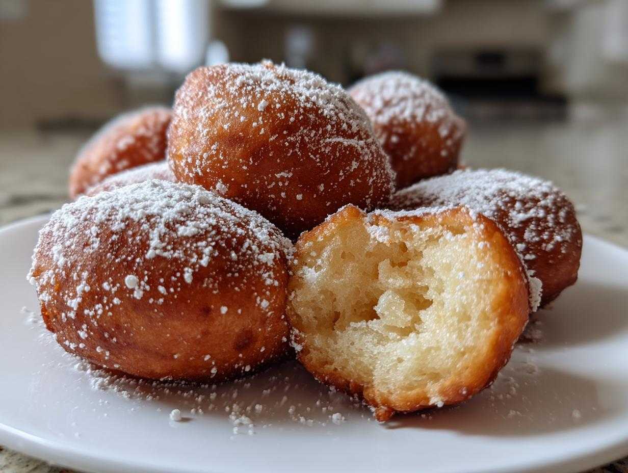Zbliżenie na puszyste pączki serowe z wanilią obficie posypane cukrem pudrem na białym talerzu.