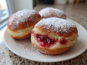 Trzy puszyste pączki tradycyjne jak u babci, jeden przekrojony z widocznym nadzieniem różanym, posypane cukrem pudrem.