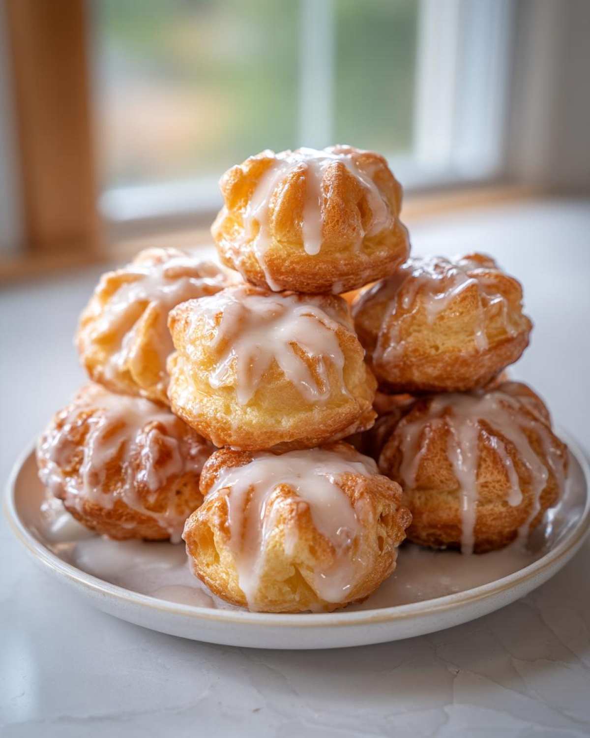 Stos puszystych pączków wiedeńskich gniazdek polanych białym lukrem na talerzu.