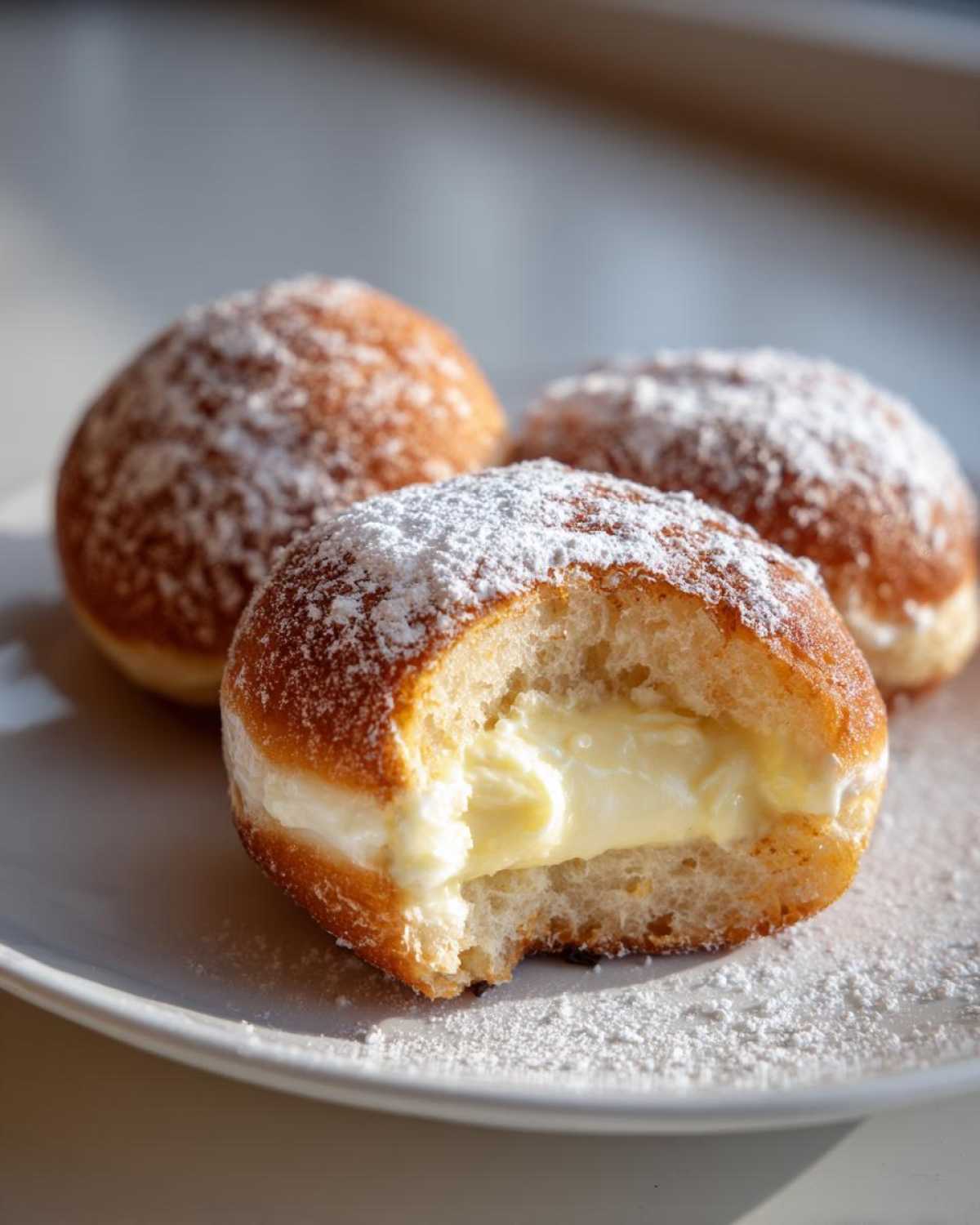 Zbliżenie na pączki z adwokatem, jeden przekrojony ukazujący kremowy środek, posypane cukrem pudrem.