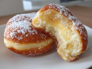 Przekrojone pączki z adwokatem, ukazujące kremowe, żółte nadzienie i posypane cukrem pudrem.