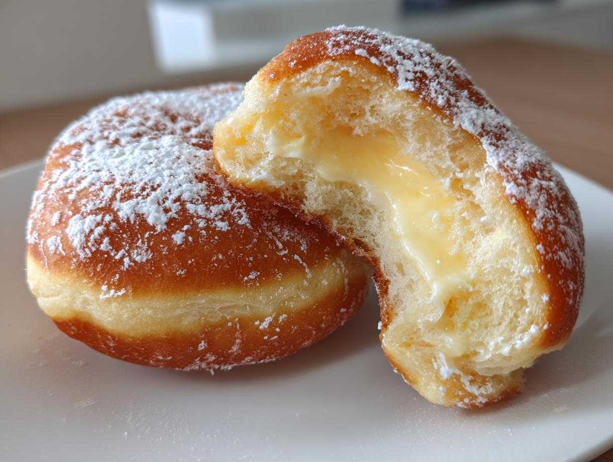 Przekrojone pączki z adwokatem, ukazujące kremowe, żółte nadzienie i posypane cukrem pudrem.