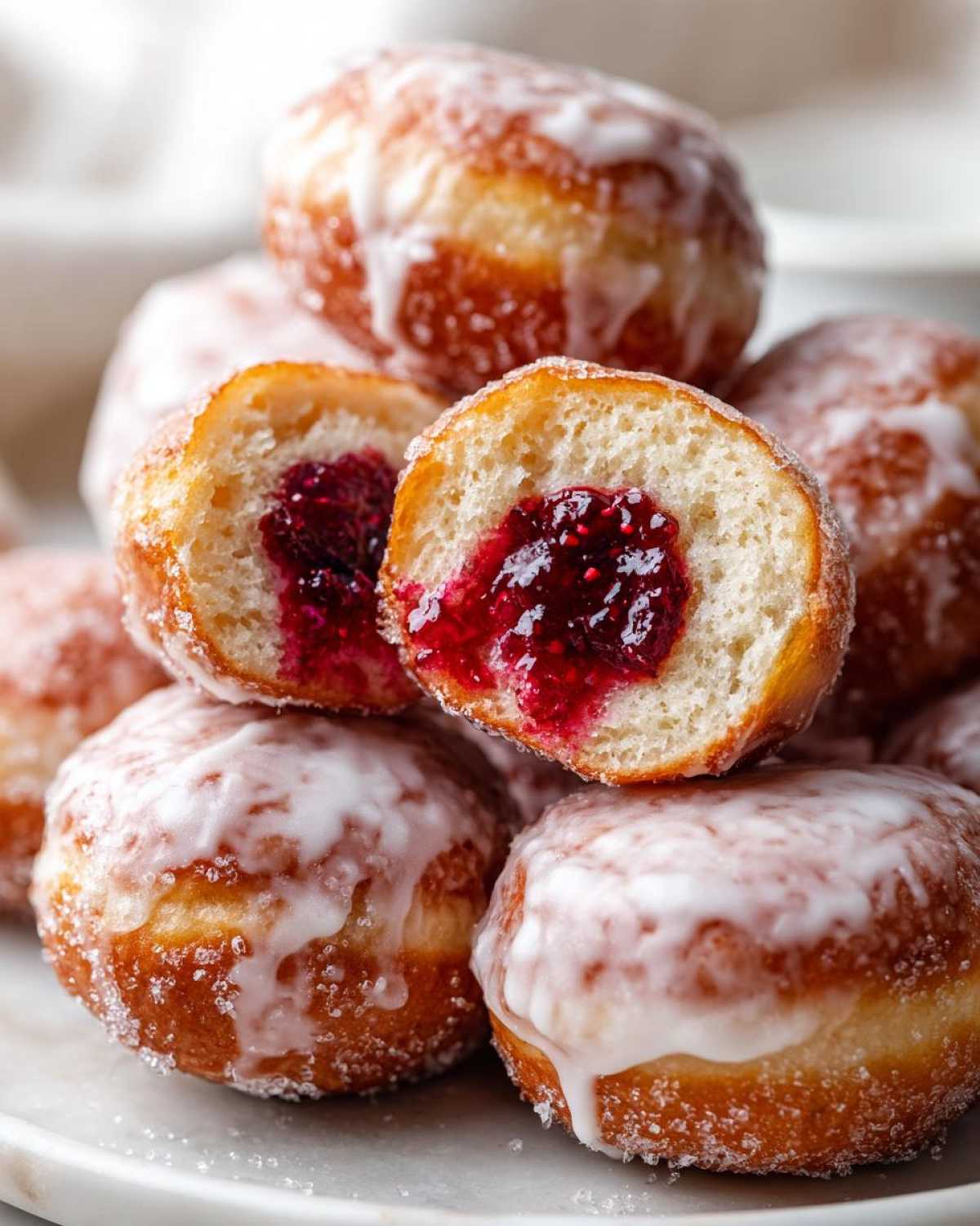 Stos puszystych pączków polanych lukrem, jeden przekrojony ukazuje intensywnie czerwone nadzienie z marmoladą różaną.