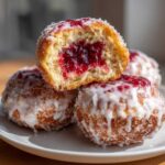 Zbliżenie na pączki z marmoladą różaną, jeden przekrojony ukazuje obfite nadzienie.