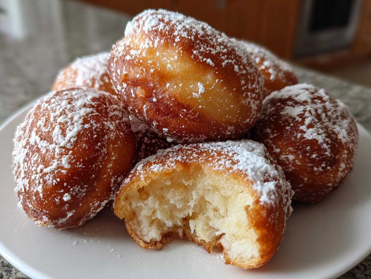 Zbliżenie na puszyste pączki z serka homogenizowanego, obficie posypane cukrem pudrem, jeden przełamany.