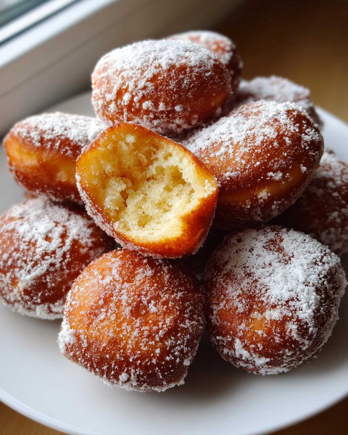 Stos puszystych pączków z ziemniakami, obficie posypanych cukrem pudrem, jeden przekrojony na pół.