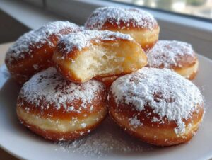 Zbliżenie na puszyste pączki z ziemniakami obficie posypane cukrem pudrem, jeden pączek jest nadgryziony.