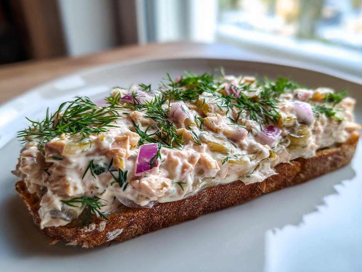 Kremowa pasta z makreli wędzonej z ogórkiem i czerwoną cebulą na kromce chleba, posypana koperkiem.