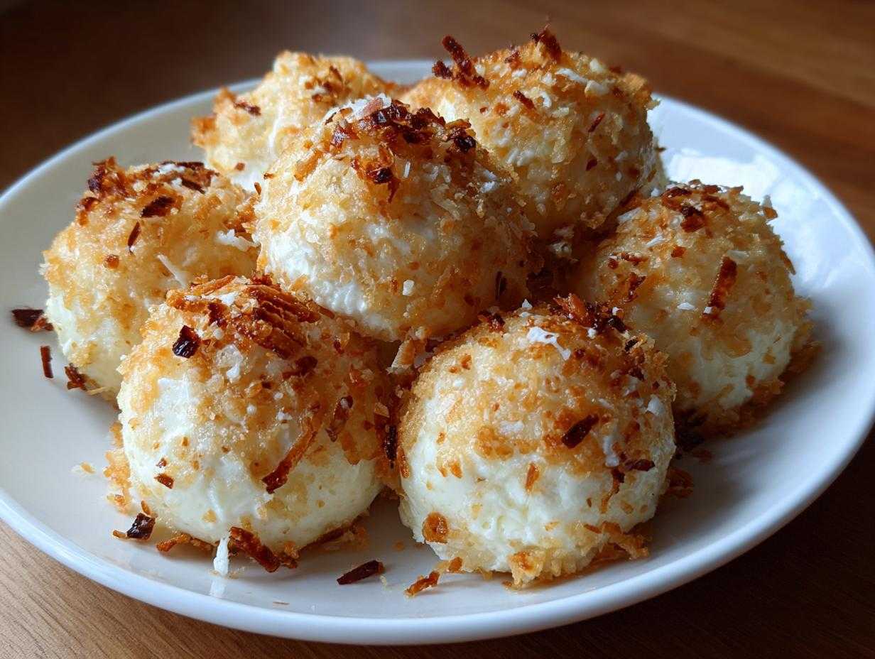 Porcja puszystych Pierogi leniwe kluski obtoczone w chrupiących, podsmażonych wiórkach kokosowych na białym talerzu.