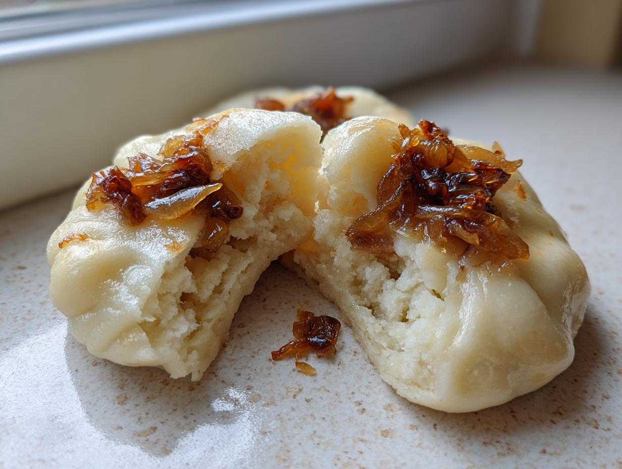 Zbliżenie na przekrojone pierogi z mięsem z rosołu, widoczne puszyste ciasto i farsz, polane skarmelizowaną cebulką.