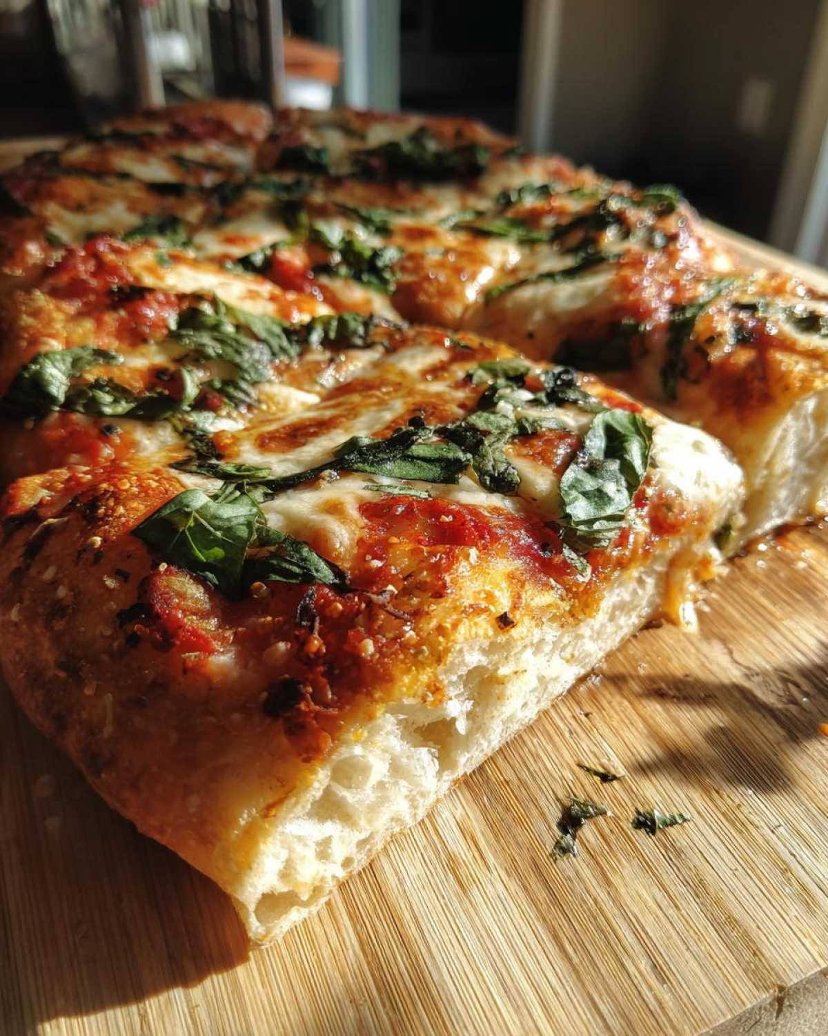 Zbliżenie na puszysty kawałek Pizza domowa margarita z roztopionym serem i bazylią na drewnianej desce.