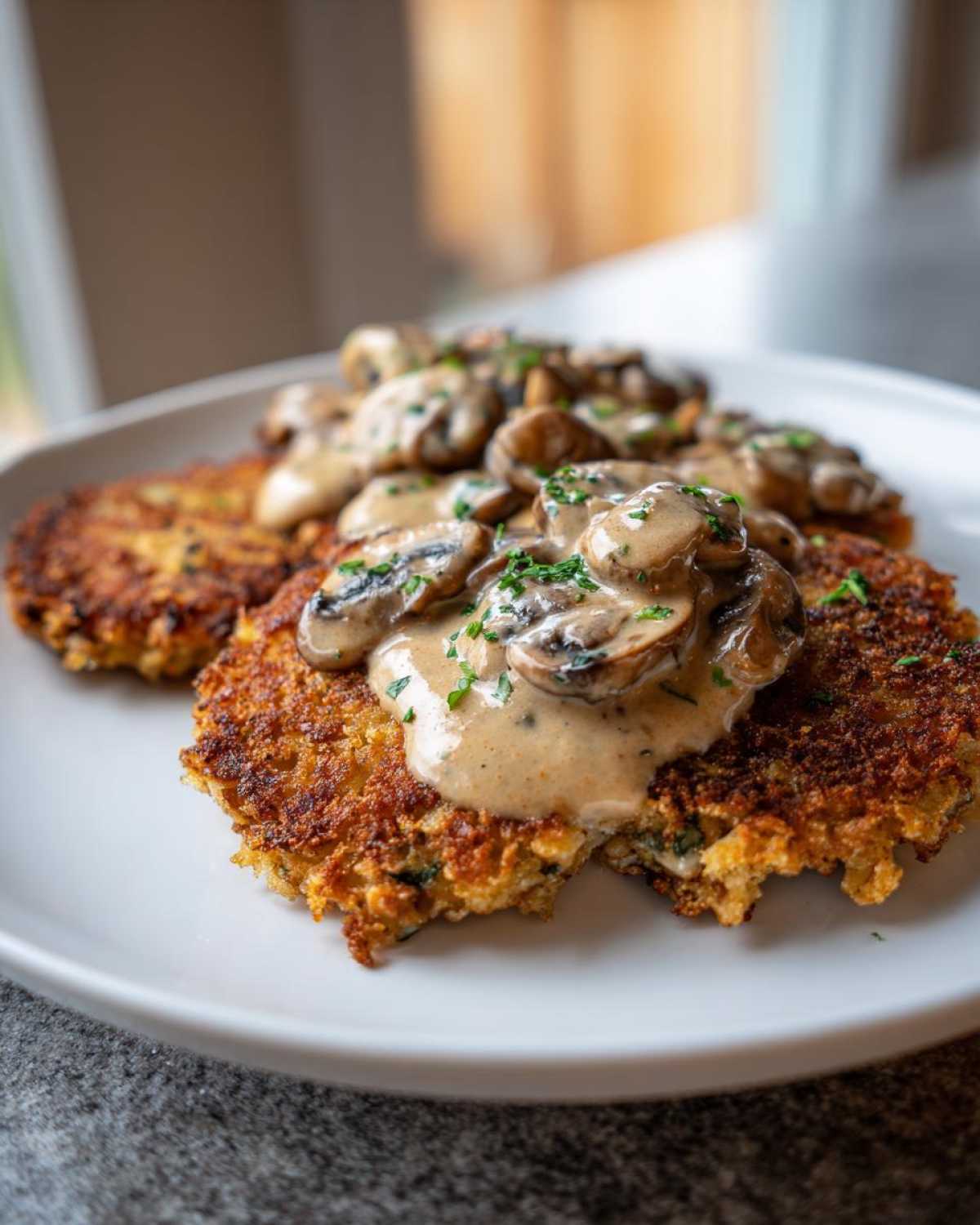 Złociste placki ziemniaczane polane kremowym sosem grzybowym i posypane natką pietruszki.