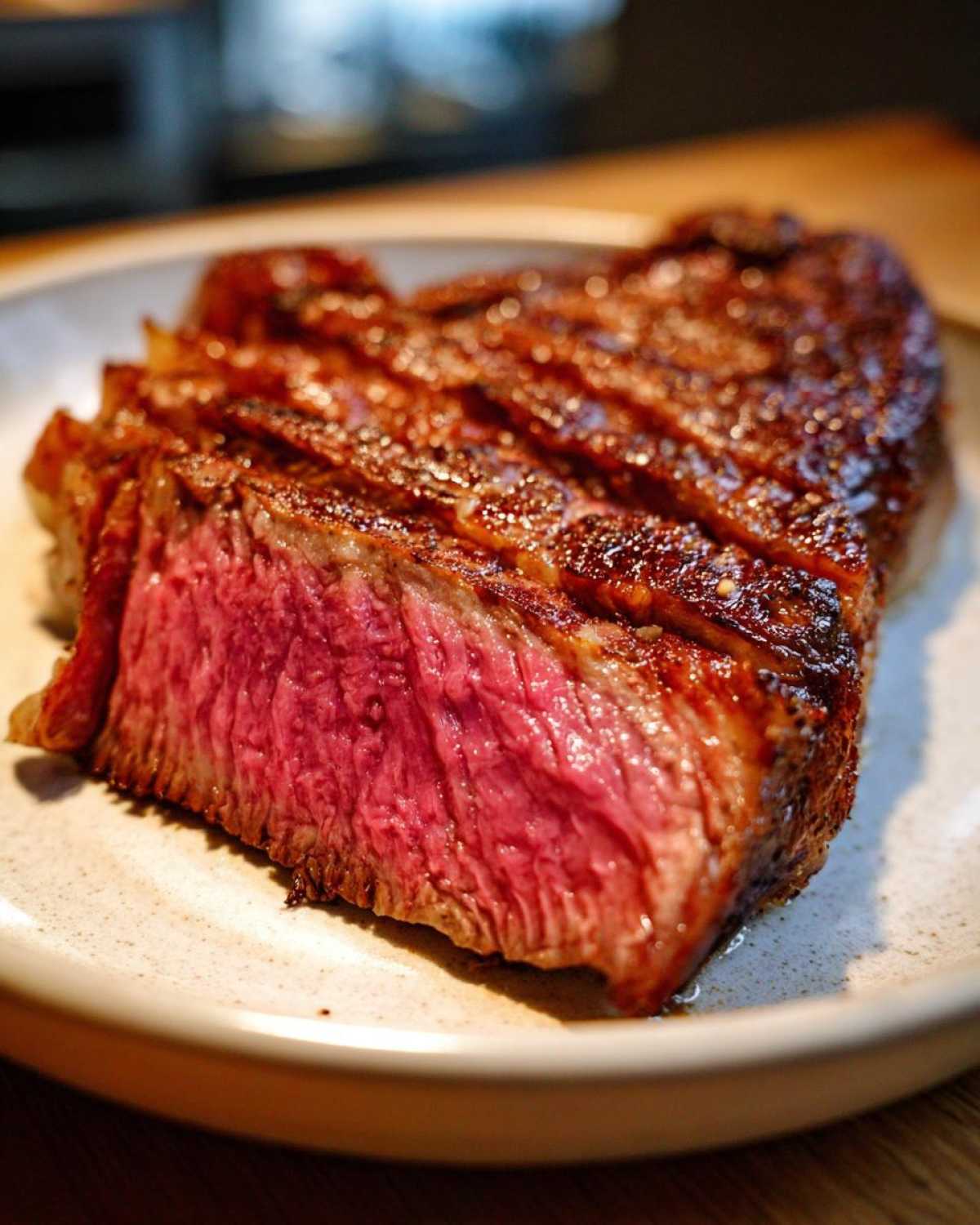 Zbliżenie na przekrojony stek wołowy idealny, soczysty w środku (medium rare) na jasnym talerzu.