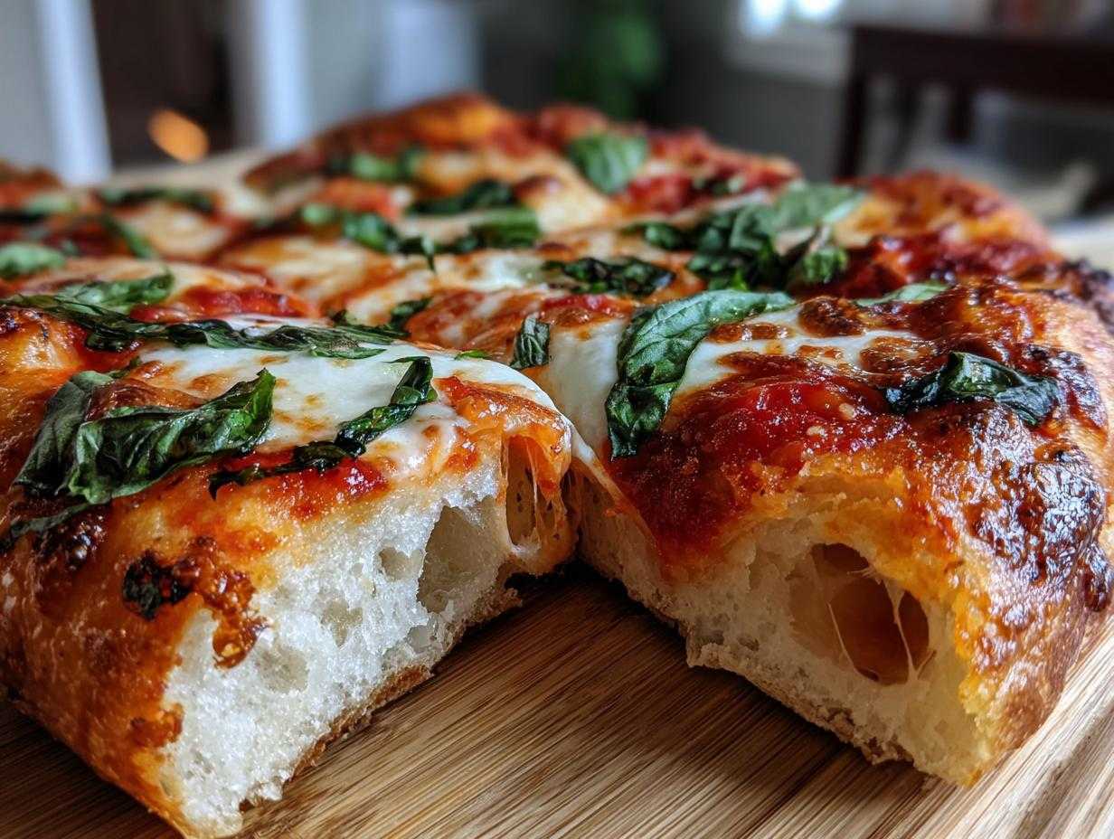 Zbliżenie na przekrój puszystego ciasta Pizza domowa margarita z ciągnącym się serem i bazylią.