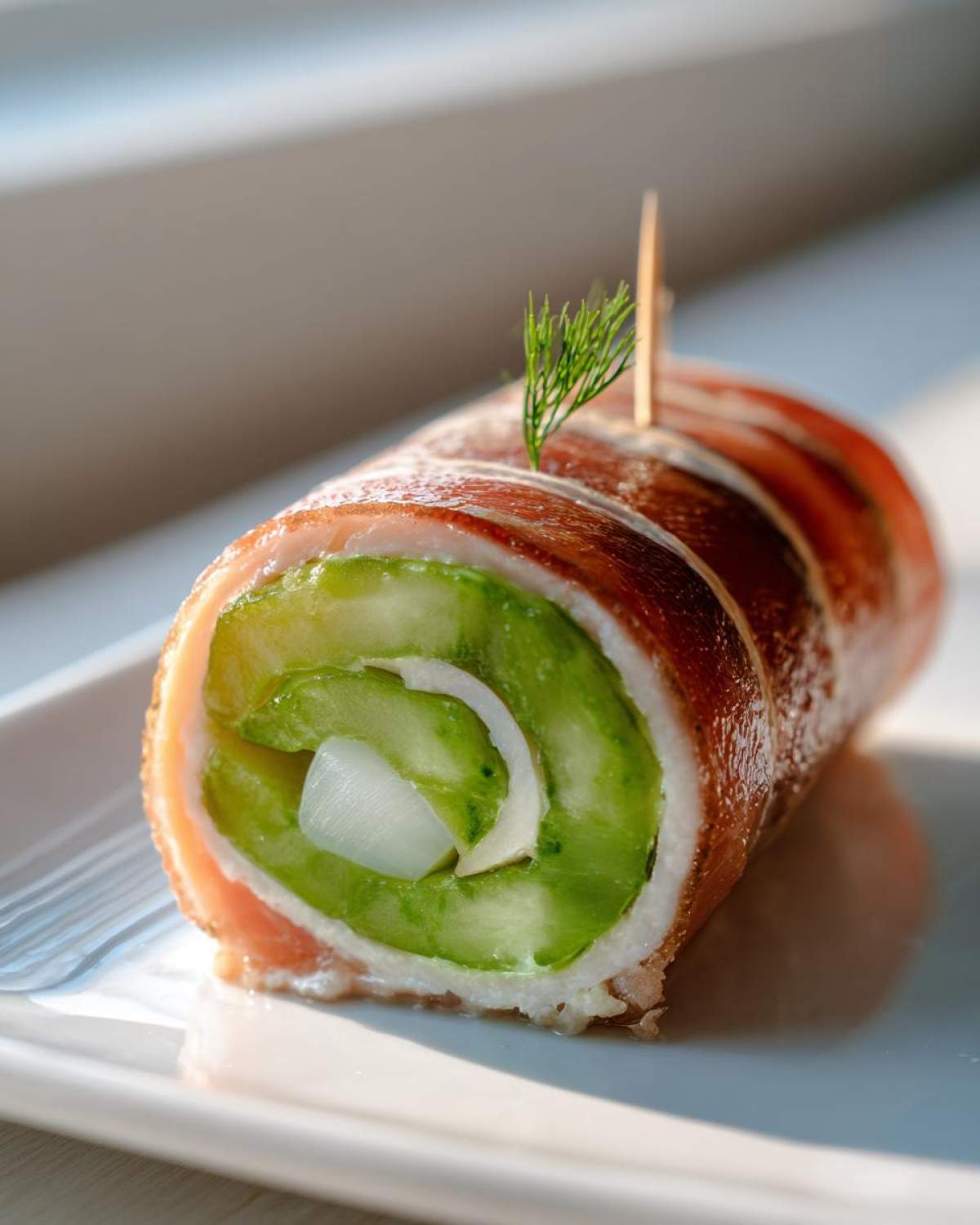 Zbliżenie na Rolmopsy śledziowe z ogórkiem zawinięte w wędlinę, udekorowane koperkiem.