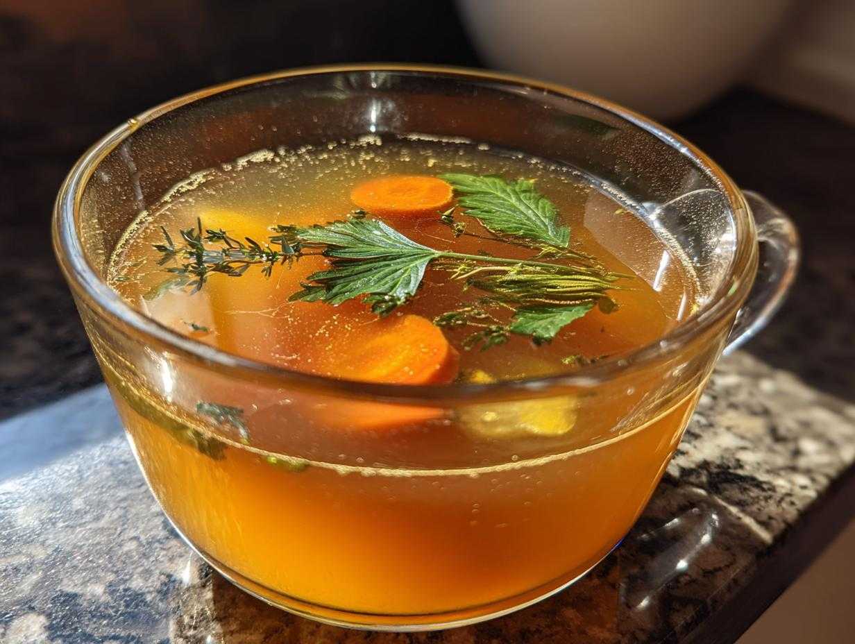 Przezroczysty kubek wypełniony złotym rosołem wegetariańskim bulionem, ozdobiony plasterkami marchewki i świeżymi ziołami.