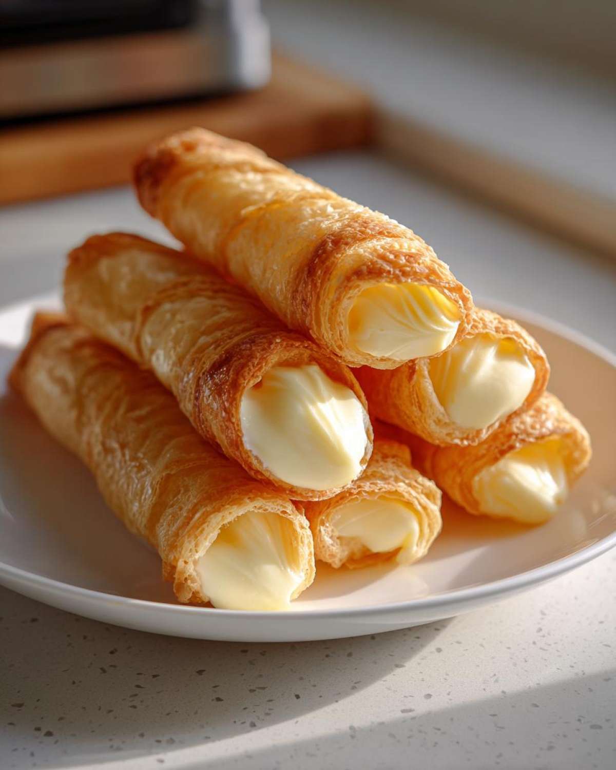 Stos chrupiących rurek z kremem budyniowym wypełnionych gęstym, jasnym kremem na białym talerzu.