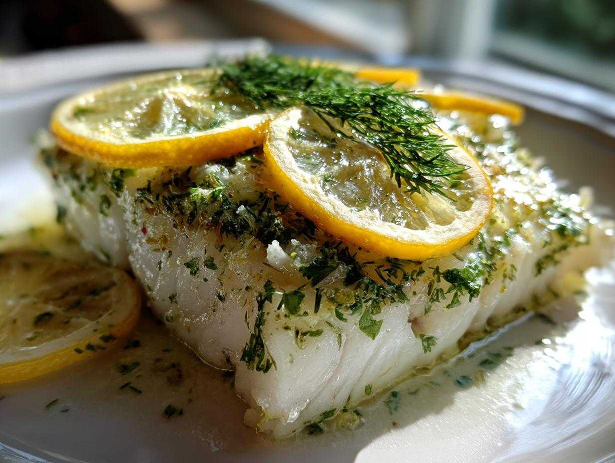 Soczysty kawałek ryby pieczonej w folii, udekorowany plasterkami cytryny i koperkiem.
