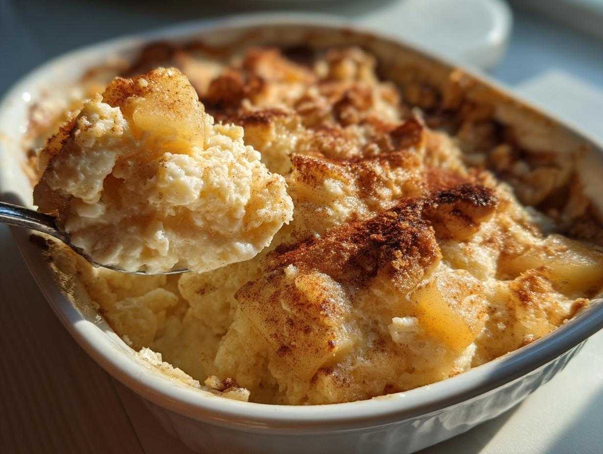 Łyżka wyciągająca porcję kremowego ryżu z jabłkami i cynamonem z naczynia.