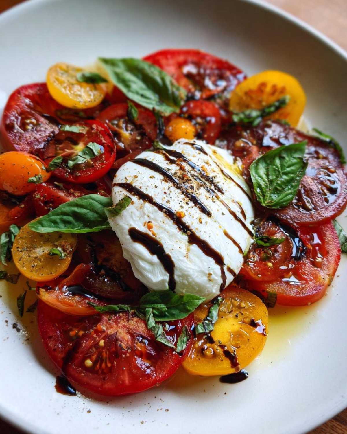 Zbliżenie na talerz z kolorową sałatką z burratą i pomidorami, polaną octem balsamicznym.