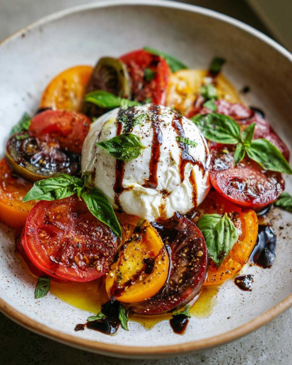 Zbliżenie na Sałatka z burratą i pomidorami z kolorowymi pomidorami, bazylią i sosem balsamicznym.