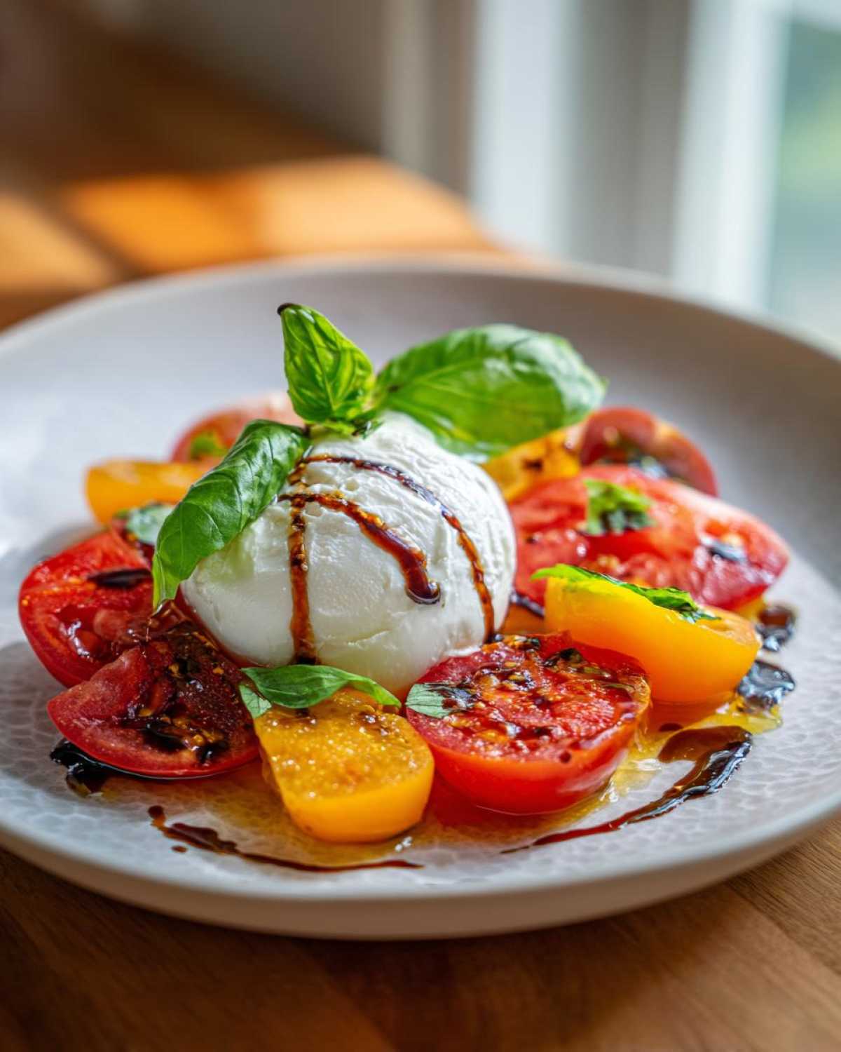 Piękna Sałatka z burratą i pomidorami, polana sosem balsamicznym i udekorowana bazylią.