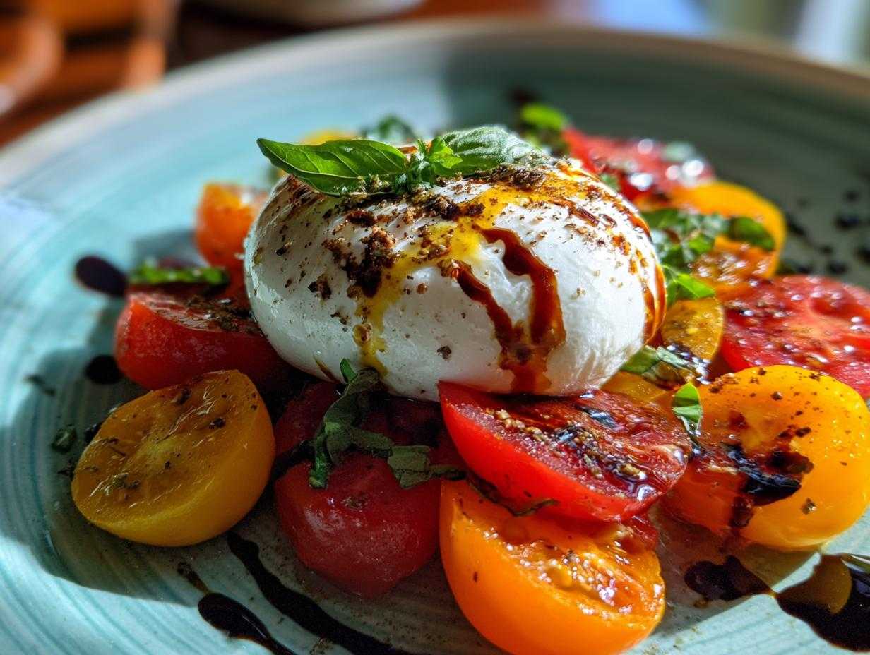 Zbliżenie na apetyczną sałatkę z burratą i pomidorami, polaną sosem balsamicznym.