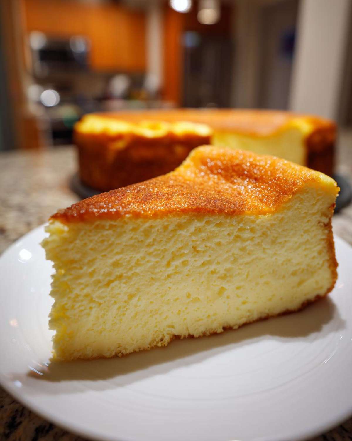 Kawałek puszystego Sernika wiedeńskiego bez spodu na białym talerzyku, widoczna złocista góra.