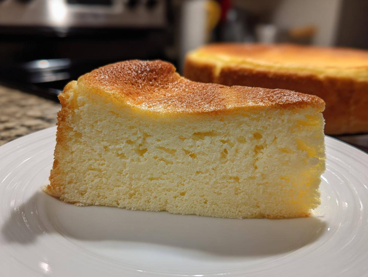 Kawałek puszystego Sernika wiedeńskiego bez spodu na białym talerzu z widoczną złotą skórką.