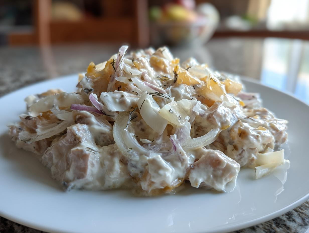 Porcja śledzi w śmietanie z jabłkiem, cebulą i koperkiem na białym talerzu.