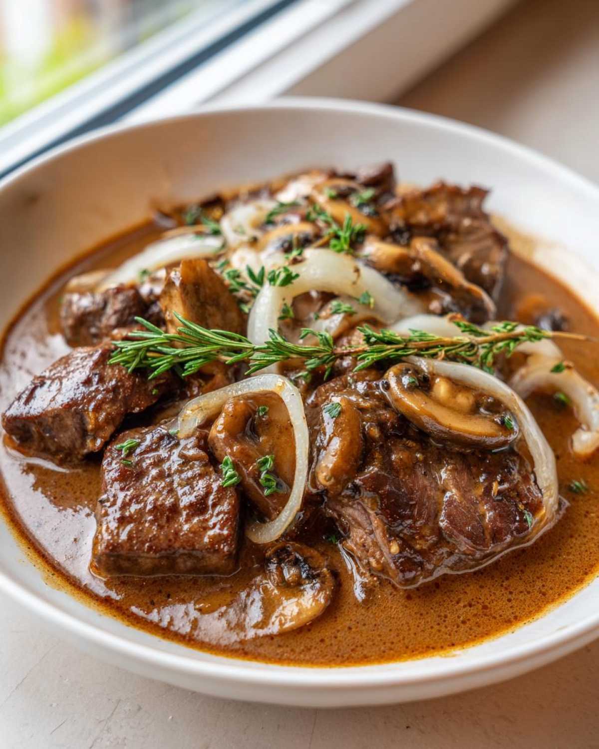 Zbliżenie na miskę Strogonow wołowy klasyczny z kawałkami wołowiny, pieczarkami, cebulą i gałązką rozmarynu.