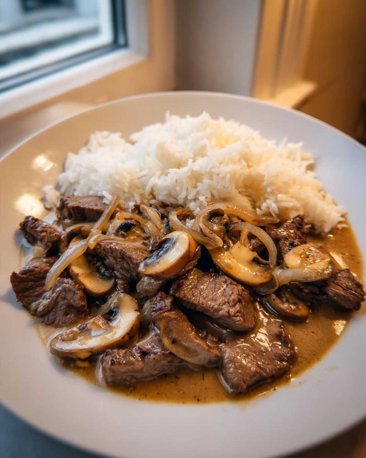 Porcja Strogonow wołowy klasyczny z kawałkami wołowiny, pieczarkami i cebulą w sosie, podana z białym ryżem.