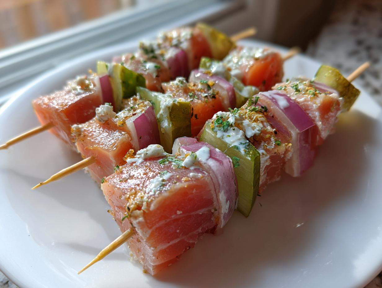 Trzy szaszłyki z surowego łososia, ogórka kiszonego i czerwonej cebuli, polane sosem, jako jedne z Przekąski na ostatki.