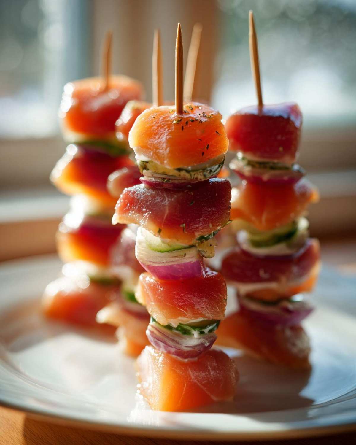 Zbliżenie na eleganckie szaszłyki z kawałkami łososia, czerwonej cebuli i ogórka, idealne jako Przekąski na ostatki.