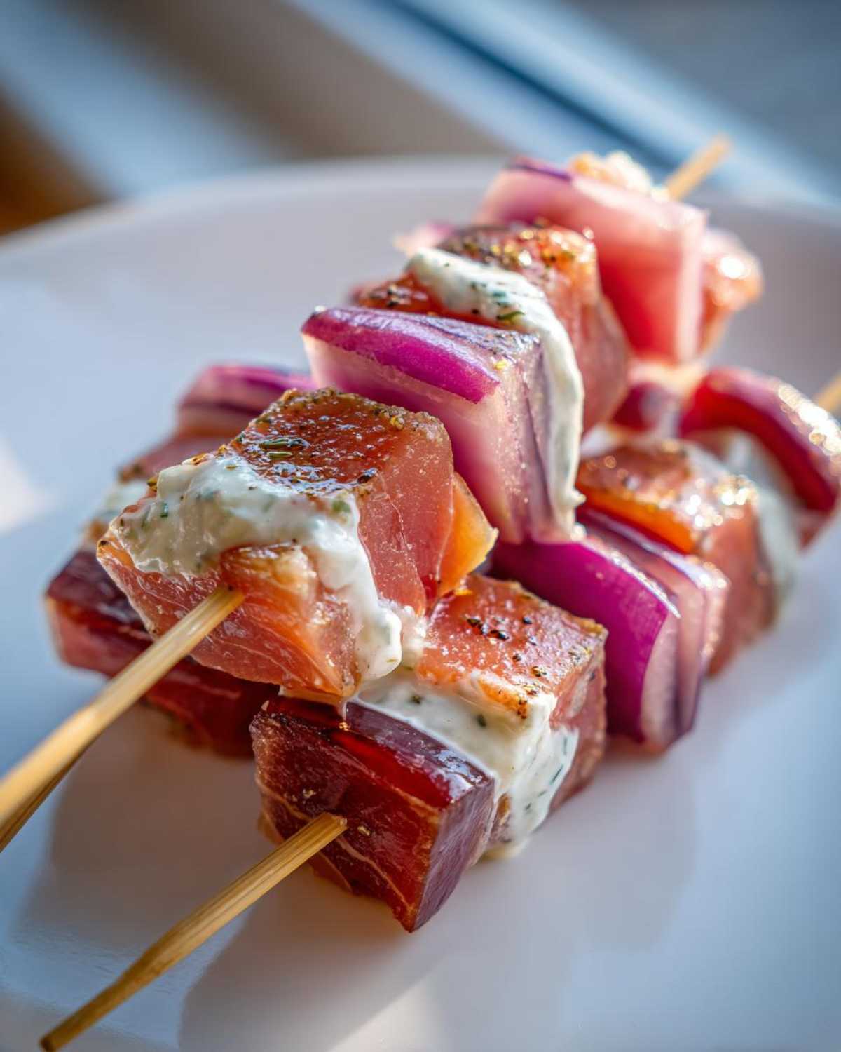 Zbliżenie na szaszłyki z kawałkami marynowanej ryby i czerwonej cebuli polane sosem, idealne jako przekąski na ostatki.