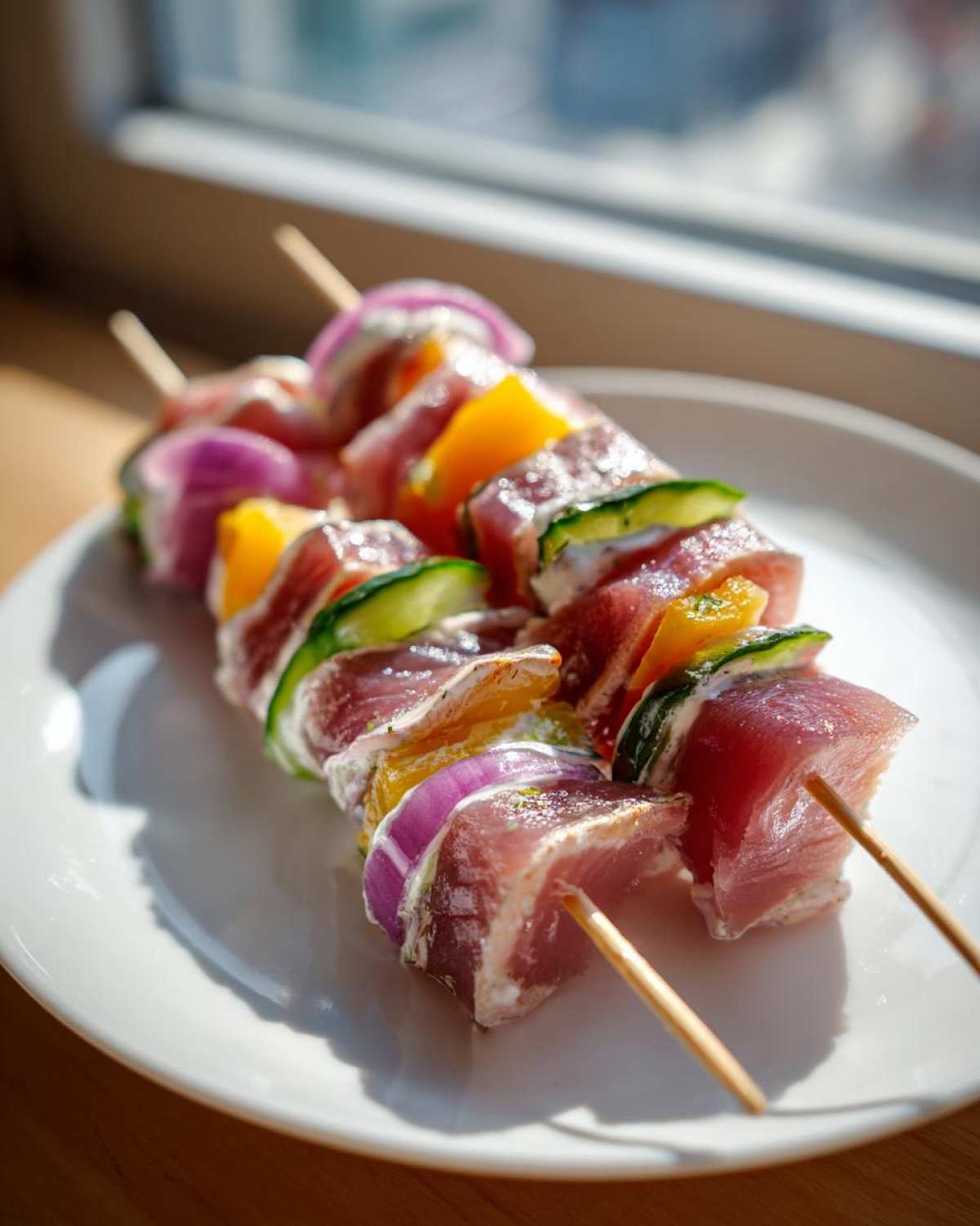 Dwa szaszłyki z marynowanego surowego tuńczyka, ogórka, żółtej papryki i czerwonej cebuli jako eleganckie Przekąski na ostatki.